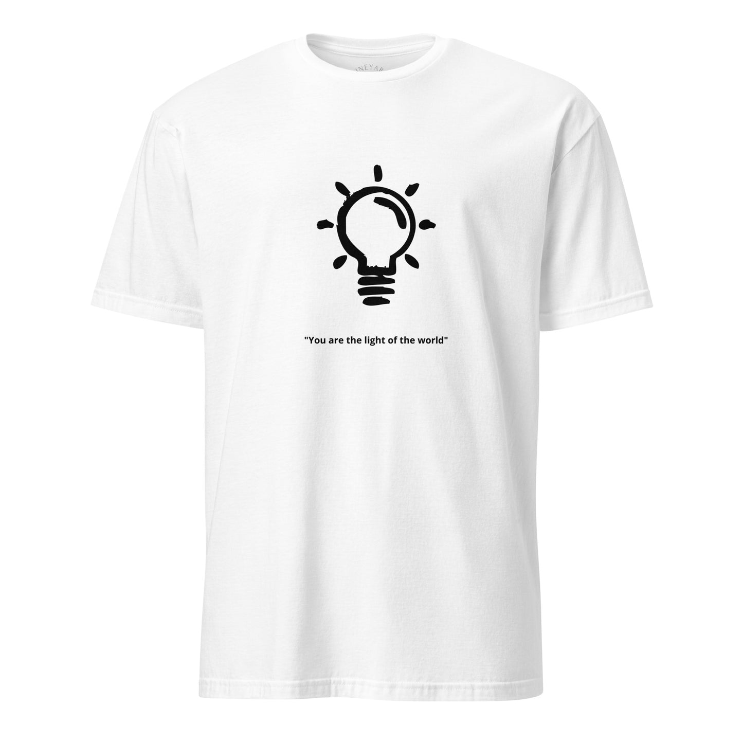 White t-shirt with a black light bulb graphic and text on a white background you are the light of the world