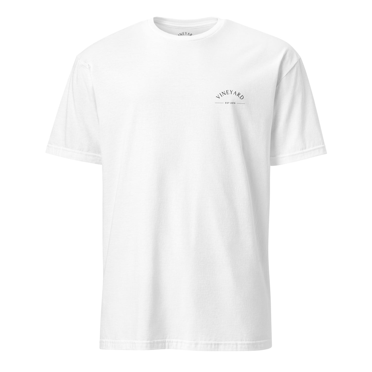 White t-shirt with black cross, crown of thorns, and text design on a white background