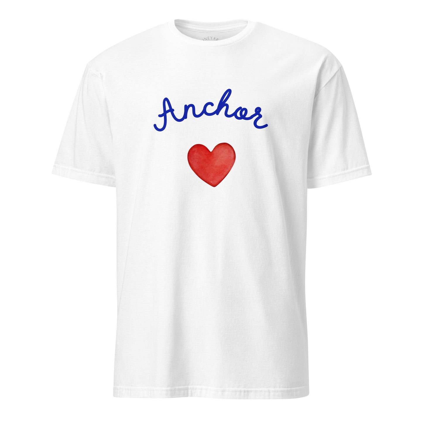 White t-shirt with a red heart and blue text on a white background