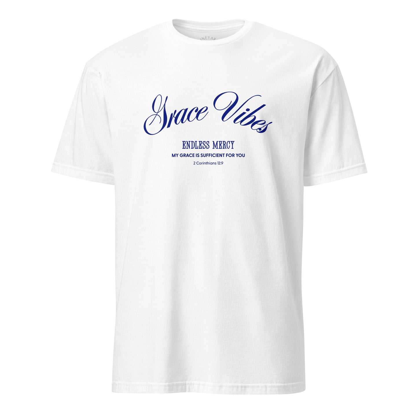 White t-shirt with blue text 'Grace Vibes' on a white background