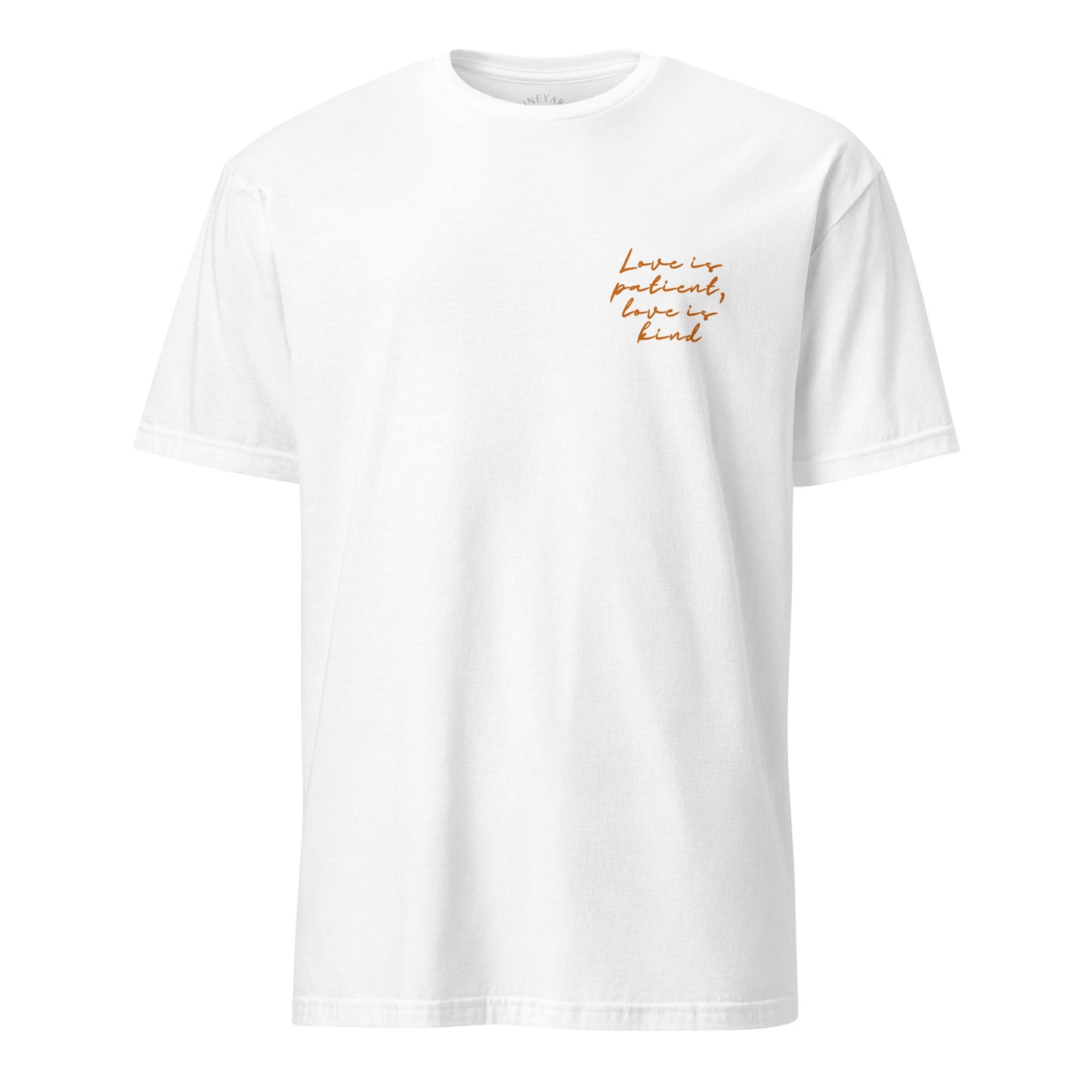 White t-shirt with gold text on a white background