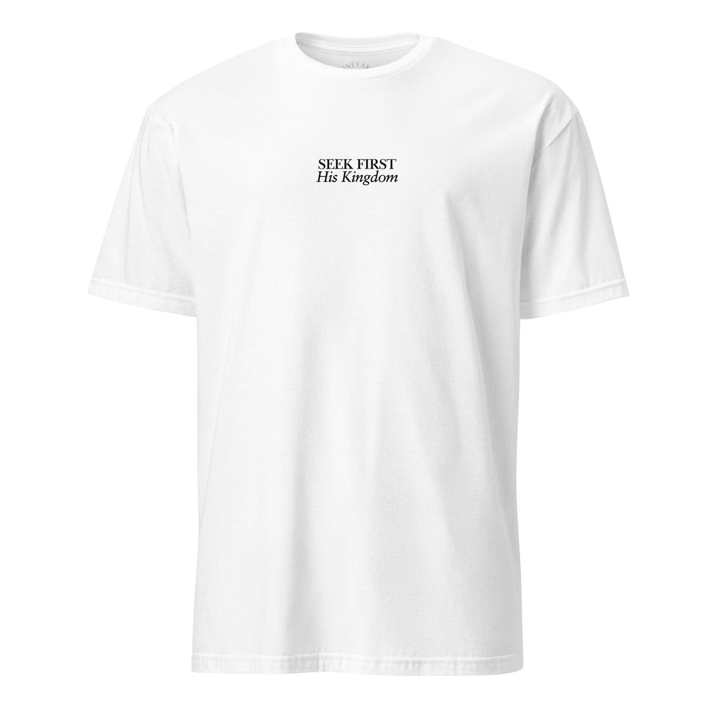 White t-shirt with black text on a white background