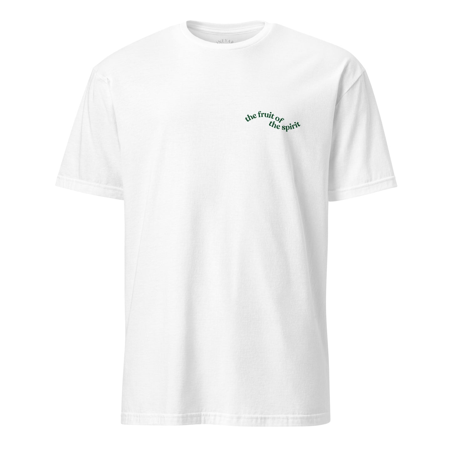 White t-shirt with text on a white background
