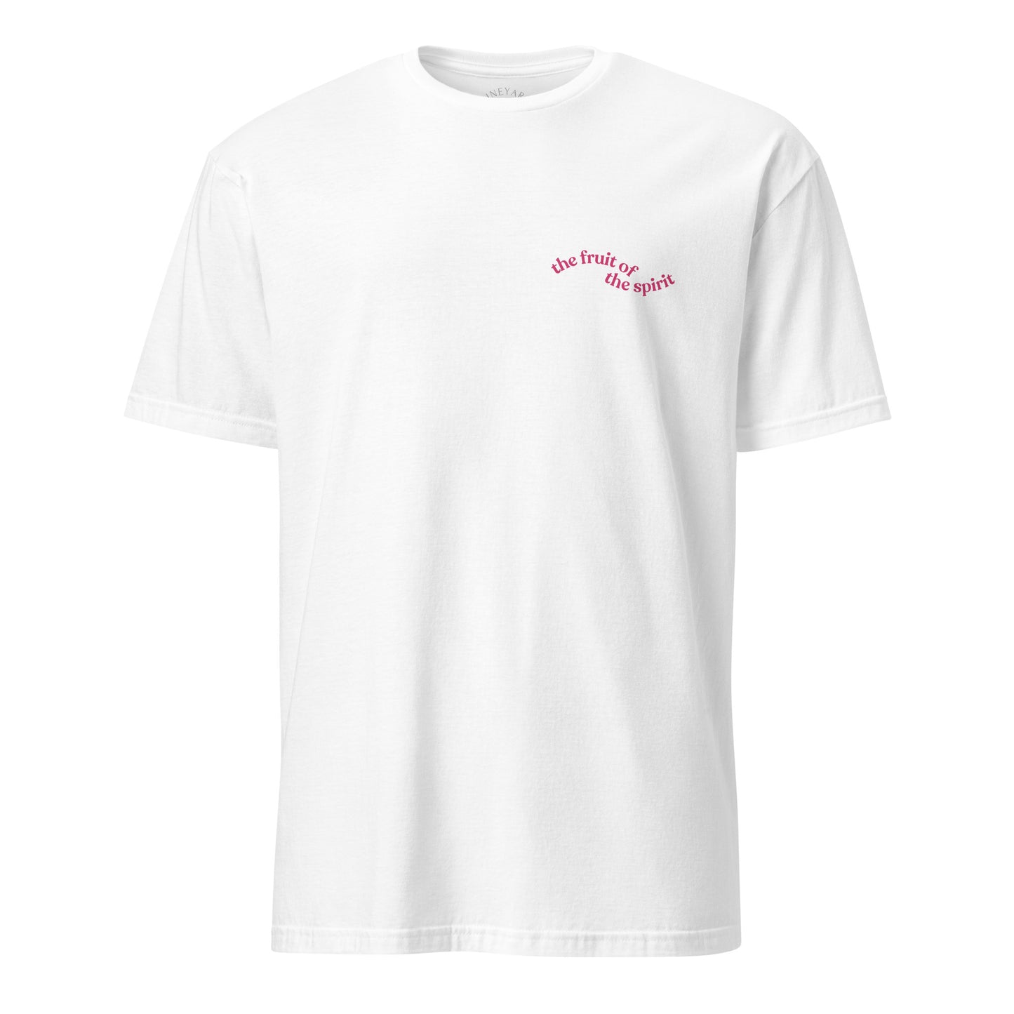 White t-shirt with red text on a white background