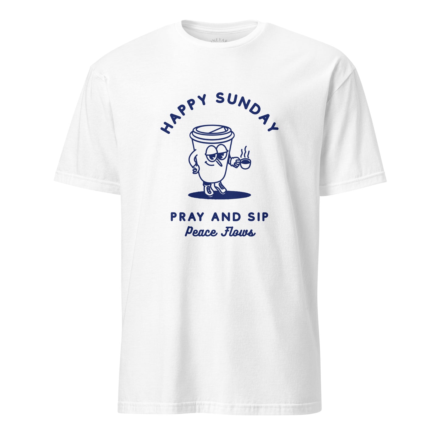 White t-shirt with blue graphic and text on a white background