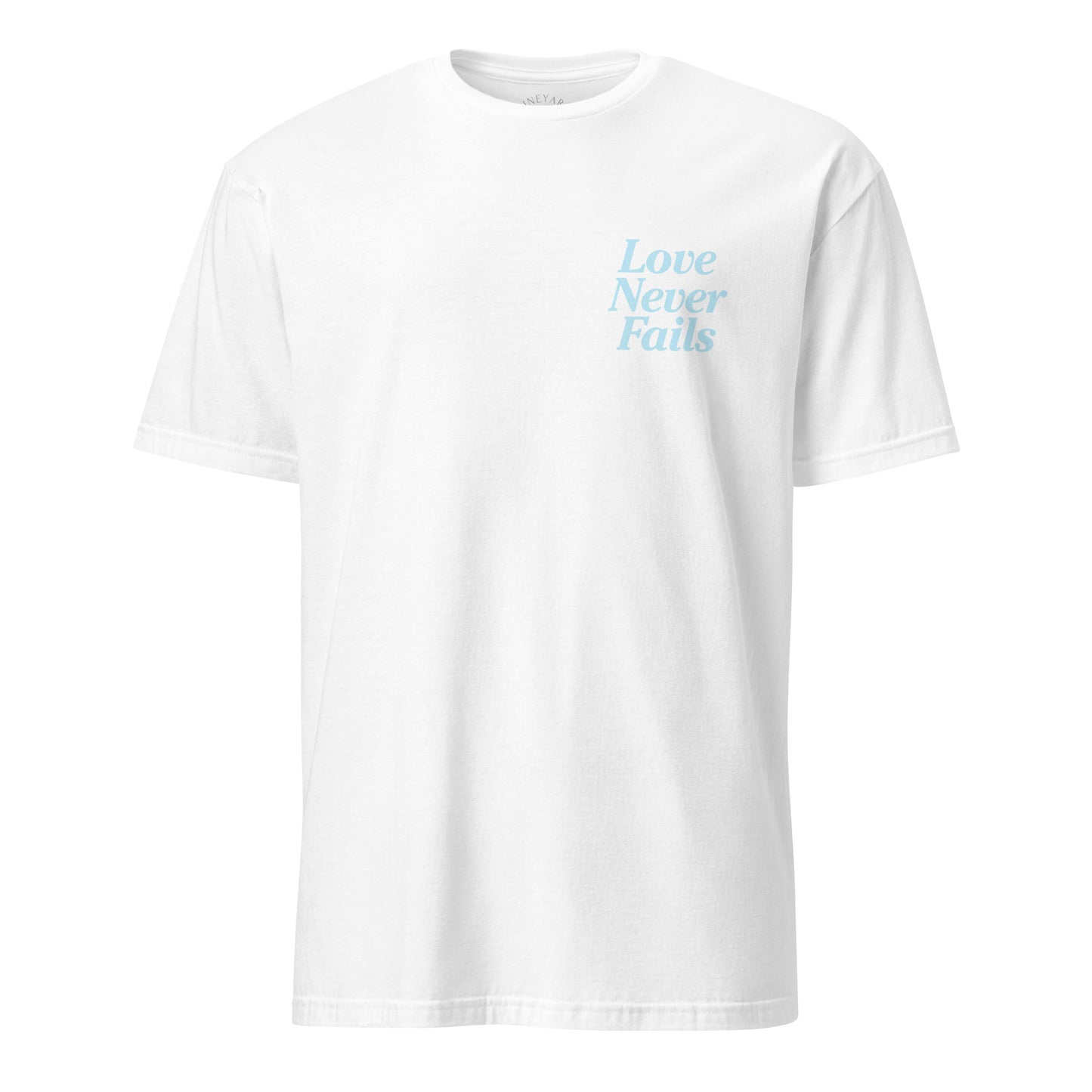 White t-shirt with blue text 'Let all that you do be done in love' on a white background