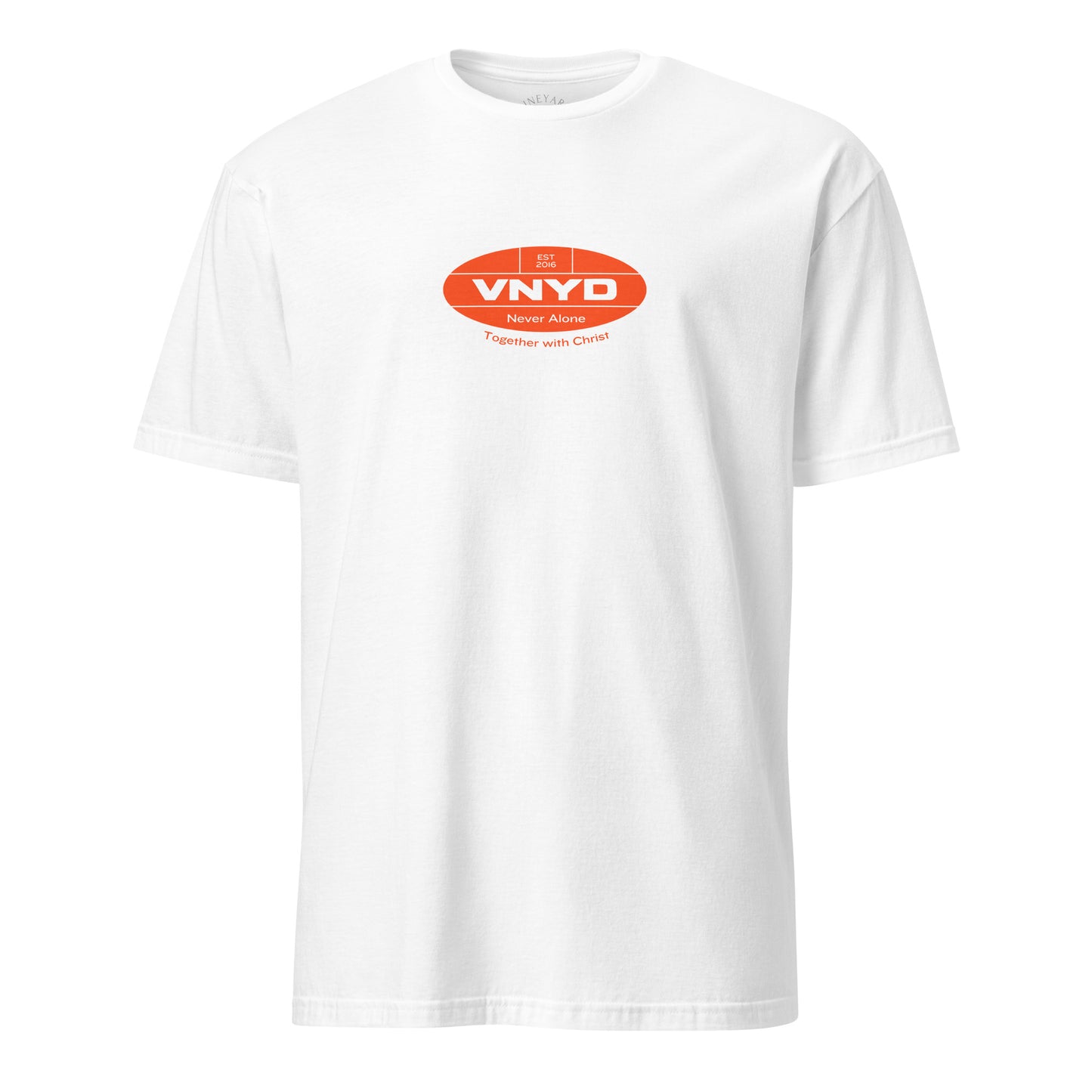 White t-shirt with VNYD logo on a white background